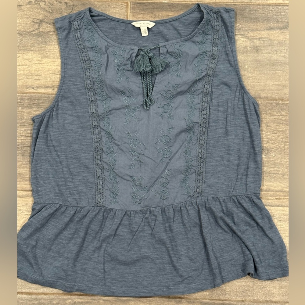 Lucky Brand Women’s Blue Sleeveless Top with Embroidered Details